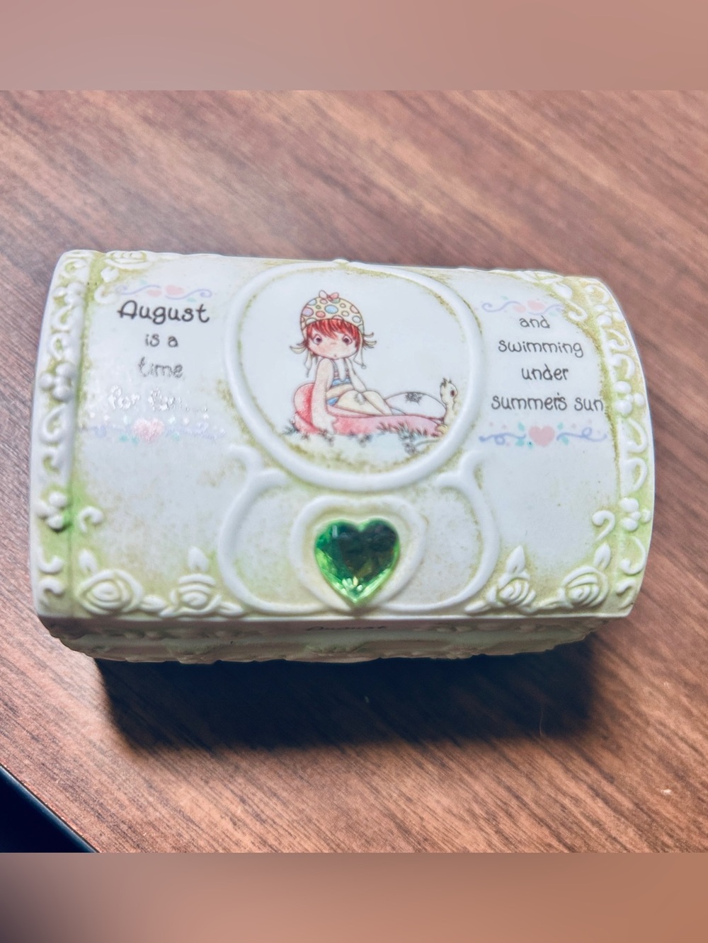 Precious Moments 1995 August Treasure Chest Trinket Box Enesco Peridot